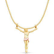 14K Gold Jesus Body Crucifix Cross Religious Charm Pendant with 1.2mm Box Chain Necklace
