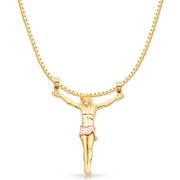 14K Gold Jesus Body Crucifix Cross Religious Charm Pendant with 1.2mm Box Chain Necklace