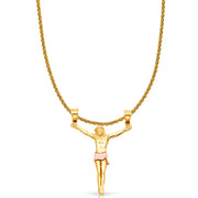 14K Gold Jesus Body Crucifix Cross Charm Pendant with 1.4mm Round Wheat Chain Necklace