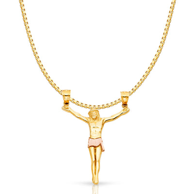 14K Gold Jesus Body Crucifix Cross Religious Charm Pendant with 1.2mm Box Chain Necklace