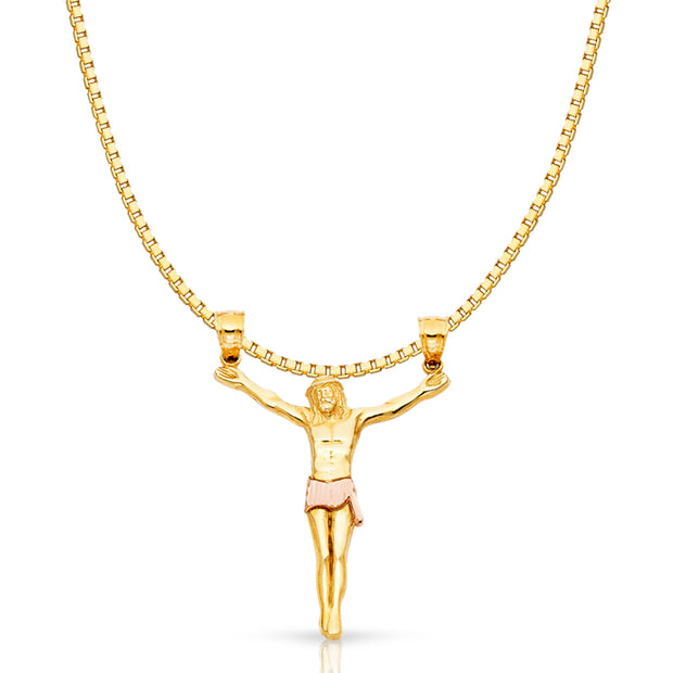 14K Gold Jesus Body Crucifix Cross Religious Charm Pendant with 1.2mm Box Chain Necklace