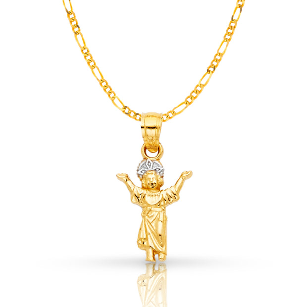 14K Gold Praying Jesus Yo Reinare Pendant with 2mm Figaro 3+1 Chain