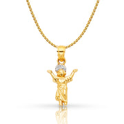 14K Gold Praying Jesus Yo Reinare Pendant with 1.5mm Flat Open Wheat Chain