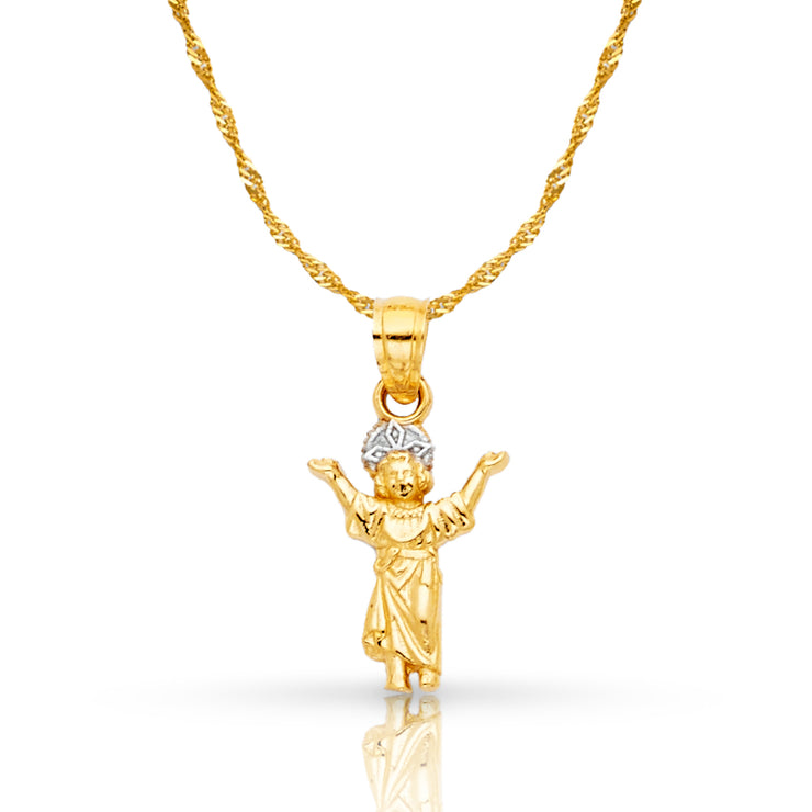 14K Gold Praying Jesus Yo Reinare Pendant with 1.2mm Singapore Chain