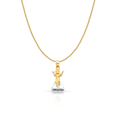 14K Gold Praying Jesus Yo Reinare Charm Pendant with 0.9mm Wheat Chain Necklace