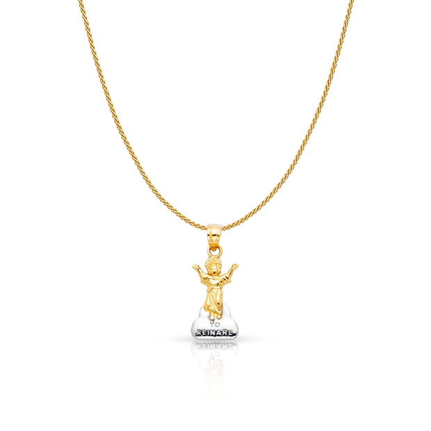 14K Gold Praying Jesus Yo Reinare Charm Pendant with 0.9mm Wheat Chain Necklace