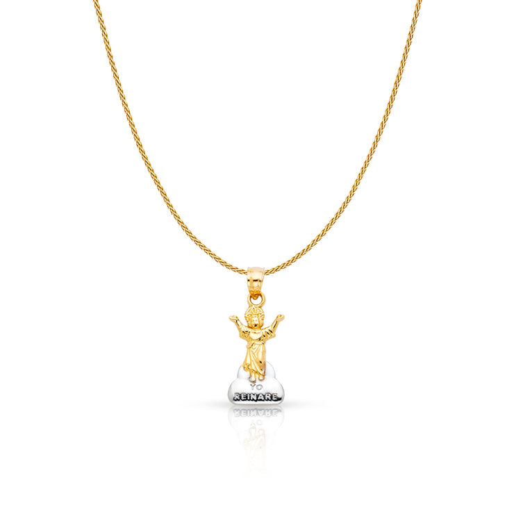 14K Gold Praying Jesus Yo Reinare Charm Pendant with 0.9mm Wheat Chain Necklace