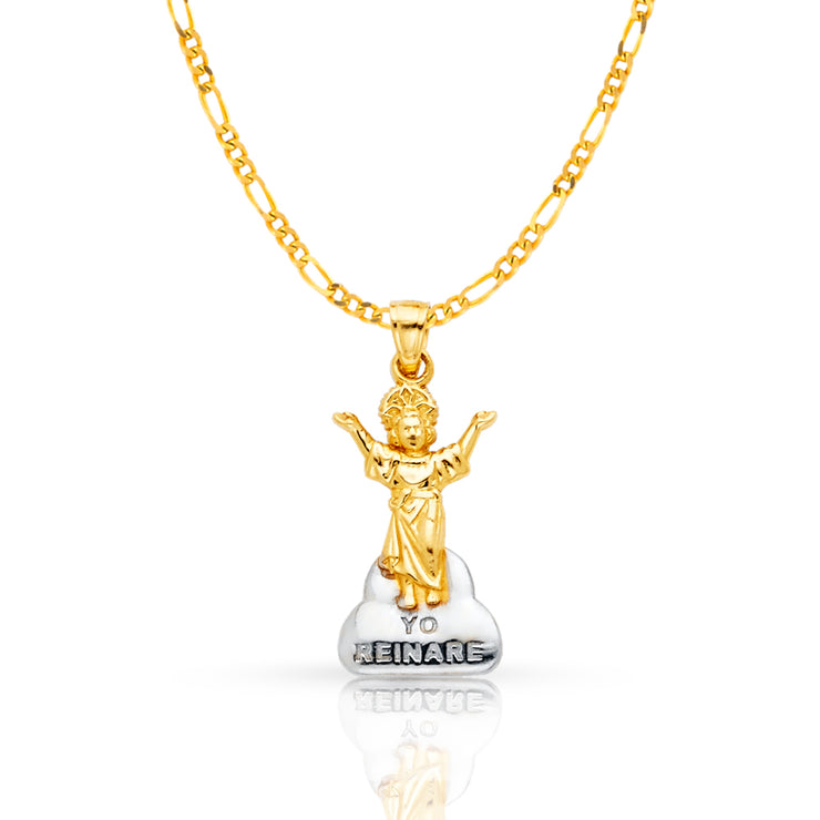 14K Gold Praying Jesus Yo Reinare Pendant with 2mm Figaro 3+1 Chain