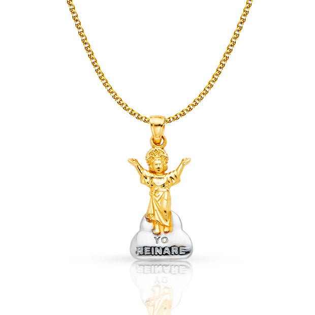 14K Gold Praying Jesus Yo Reinare Pendant with 1.5mm Flat Open Wheat Chain