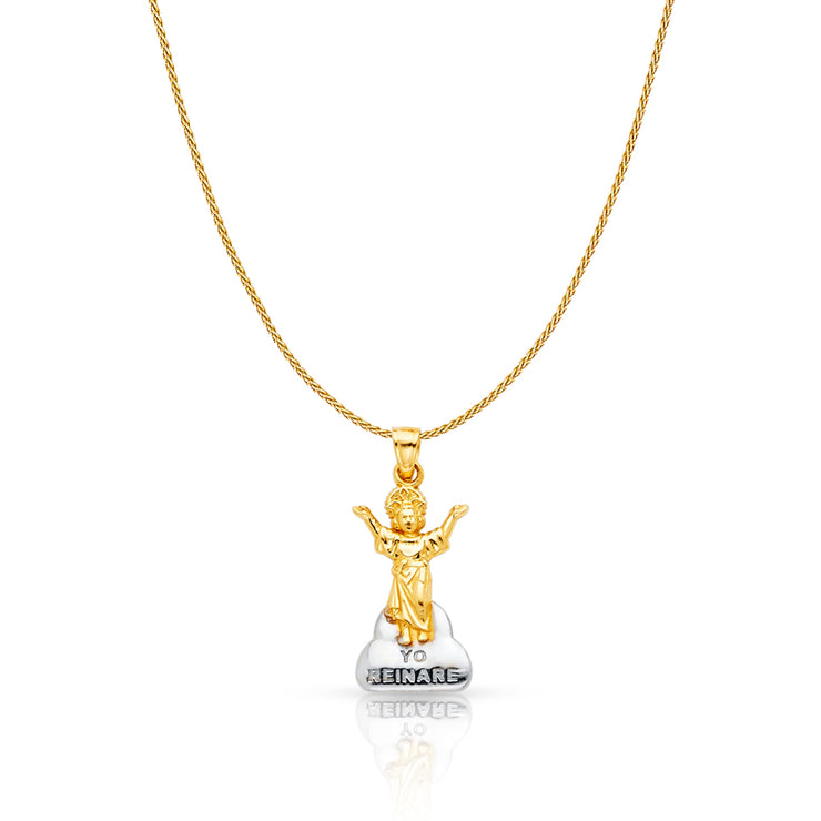 14K Gold Praying Jesus Yo Reinare Charm Pendant with 0.9mm Wheat Chain Necklace