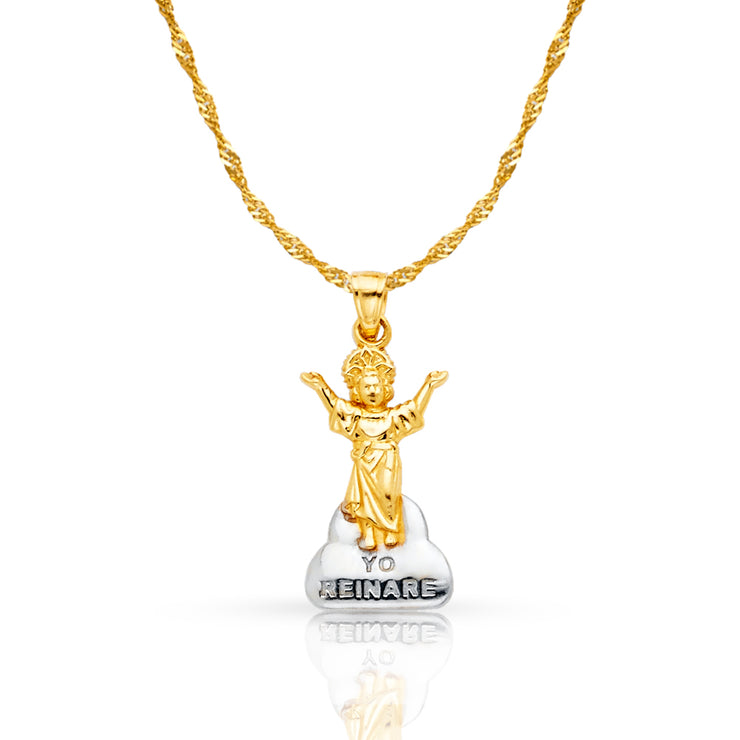 14K Gold Praying Jesus Yo Reinare Pendant with 1.2mm Singapore Chain