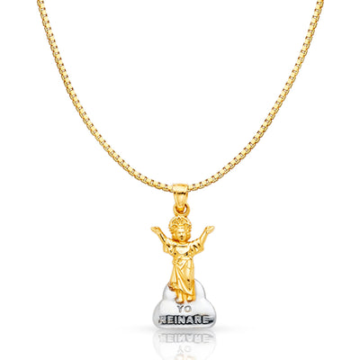 14K Gold Praying Jesus Yo Reinare Religious Charm Pendant with 1.2mm Box Chain Necklace