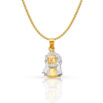 14K Gold Jesus Face Pendant with 1.5mm Flat Open Wheat Chain