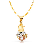 14K Gold Praying Hands Pendant with 2.3mm Figaro 3+1 Chain