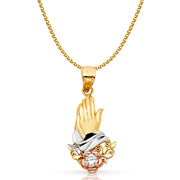 14K Gold Praying Hands Pendant with 1.7mm Flat Open Wheat Chain