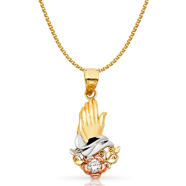 14K Gold Praying Hands Pendant with 1.7mm Flat Open Wheat Chain