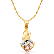 14K Gold Praying Hands Pendant with 1.2mm Singapore Chain