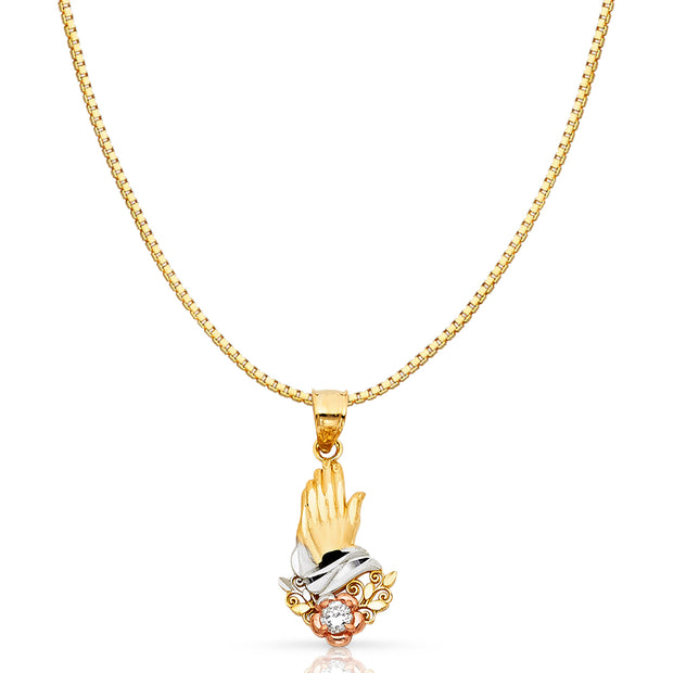 14K Gold Praying hands Religious Charm Pendant with 0.8mm Box Chain Necklace