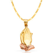 14K Gold Praying Hands Pendant with 2mm Figaro 3+1 Chain