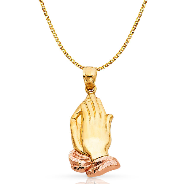 14K Gold Praying Hands Pendant with 1.5mm Flat Open Wheat Chain
