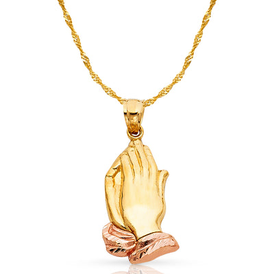 14K Gold Praying Hands Pendant with 1.2mm Singapore Chain