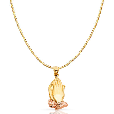 14K Gold Praying hands Religious Charm Pendant with 0.8mm Box Chain Necklace