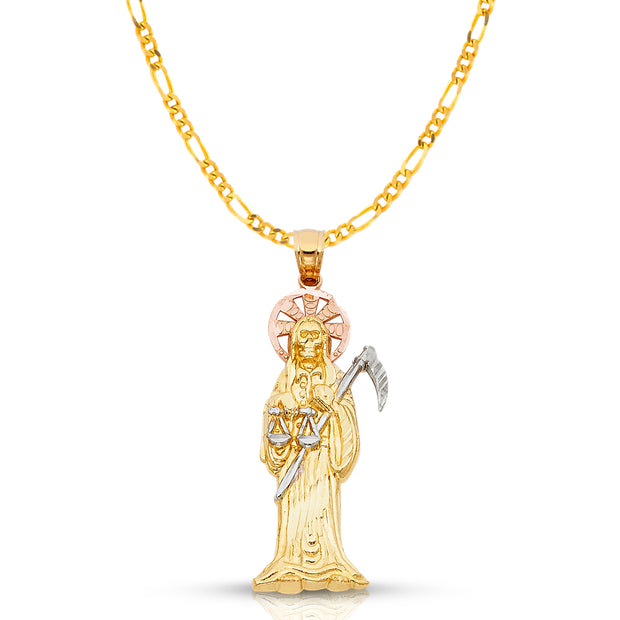 14K Gold Grim Reaper Pendant with 2.3mm Figaro 3+1 Chain