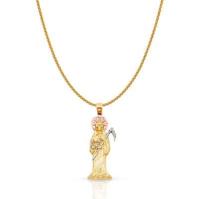 14K Gold Grim Reaper Charm Pendant with 1.1mm Wheat Chain Necklace