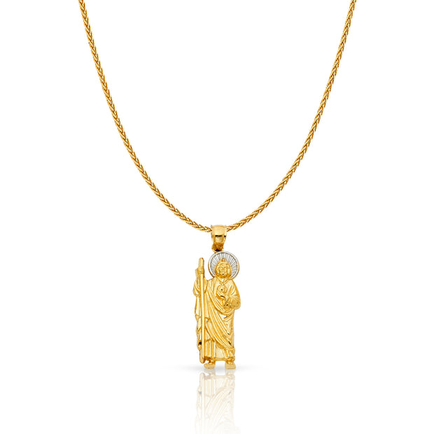 14K Gold Jesus Charm Pendant with 1.1mm Wheat Chain Necklace