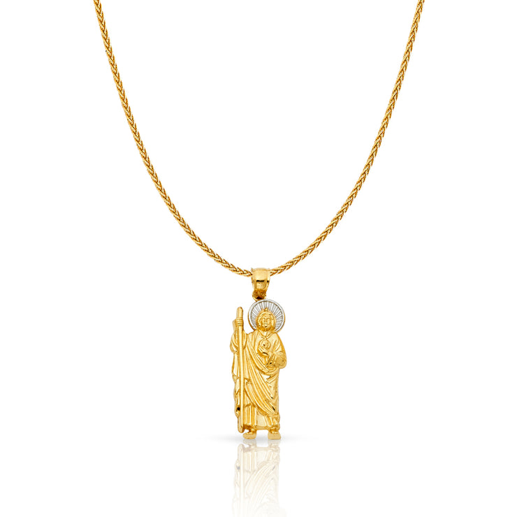 14K Gold Jesus Charm Pendant with 1.1mm Wheat Chain Necklace