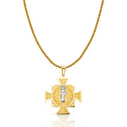 14K Gold Cross Charm Pendant with 1.4mm Round Wheat Chain Necklace