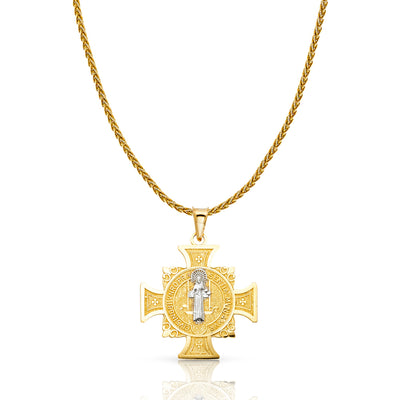 14K Gold Cross Charm Pendant with 1.4mm Round Wheat Chain Necklace