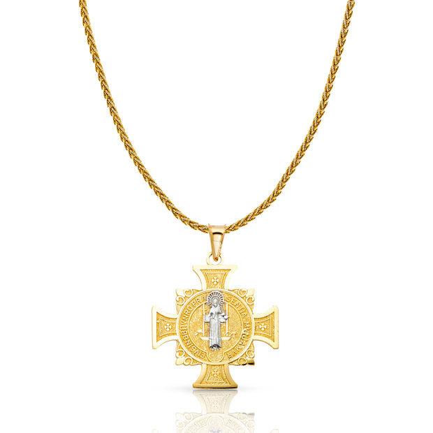 14K Gold Cross Charm Pendant with 1.4mm Round Wheat Chain Necklace