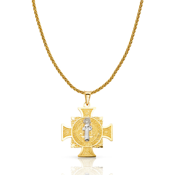 14K Gold Cross Charm Pendant with 1.4mm Round Wheat Chain Necklace