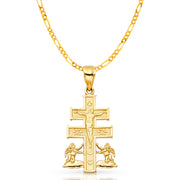 14K Gold Crucifix Cross of Caravaca Pendant with 2.3mm Figaro 3+1 Chain