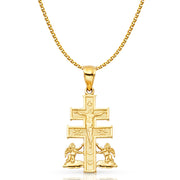 14K Gold Crucifix Cross of Caravaca Pendant with 1.5mm Flat Open Wheat Chain