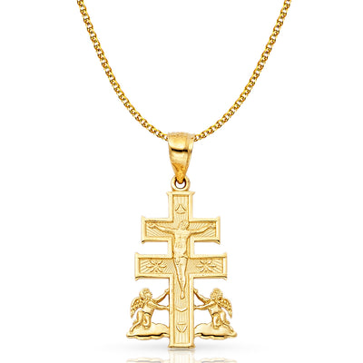 14K Gold Crucifix Cross of Caravaca Pendant with 1.5mm Flat Open Wheat Chain