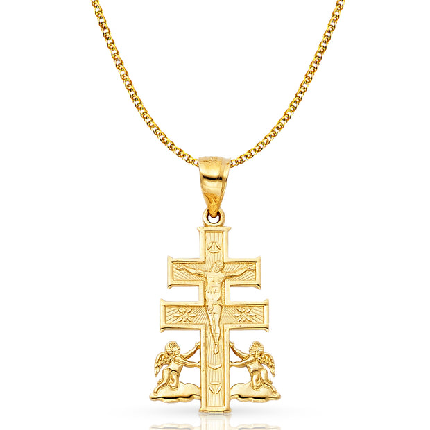 14K Gold Crucifix Cross of Caravaca Pendant with 1.5mm Flat Open Wheat Chain