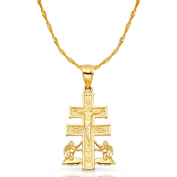 14K Gold Crucifix Cross of Caravaca Pendant with 1.2mm Singapore Chain