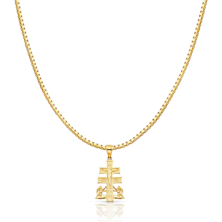 14K Gold Jesus Crucifix Cross of Caravaca Religious Charm Pendant with 1.2mm Box Chain Necklace