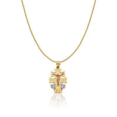 14K Gold Jesus Crucifix Cross of Caravaca Charm Pendant with 0.9mm Wheat Chain Necklace