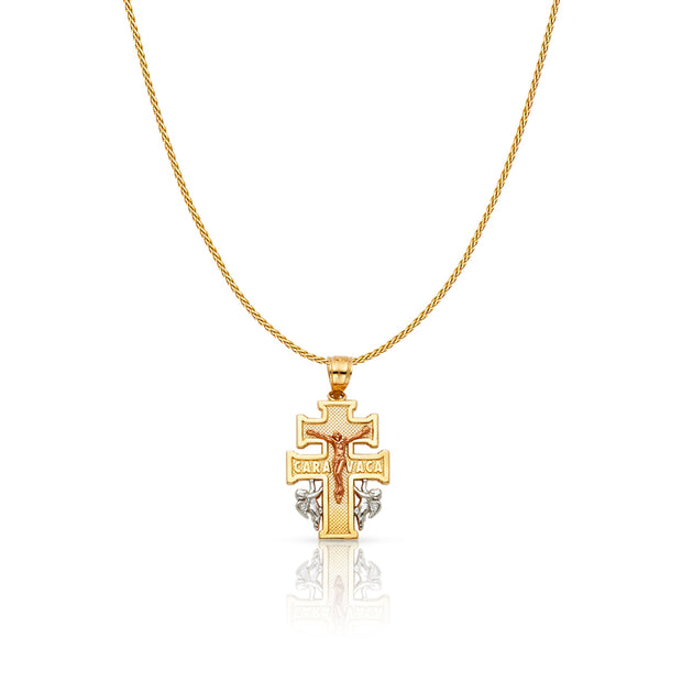 14K Gold Jesus Crucifix Cross of Caravaca Charm Pendant with 0.9mm Wheat Chain Necklace