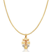 14K Gold Jesus Crucifix Cross of Caravaca Religious Charm Pendant with 1.2mm Box Chain Necklace