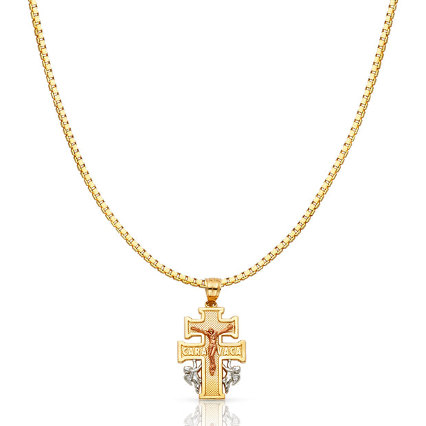 14K Gold Jesus Crucifix Cross of Caravaca Religious Charm Pendant with 1.2mm Box Chain Necklace