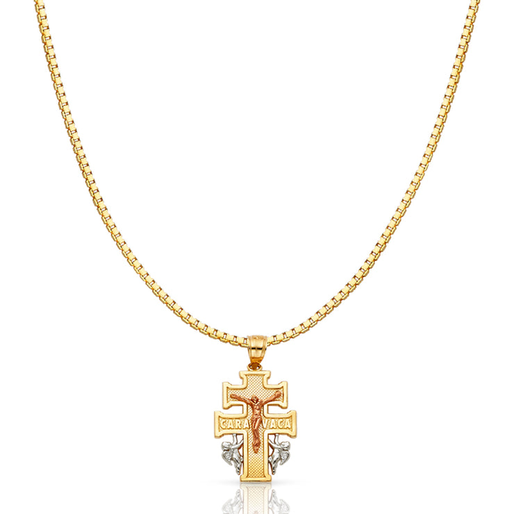 14K Gold Jesus Crucifix Cross of Caravaca Religious Charm Pendant with 1.2mm Box Chain Necklace