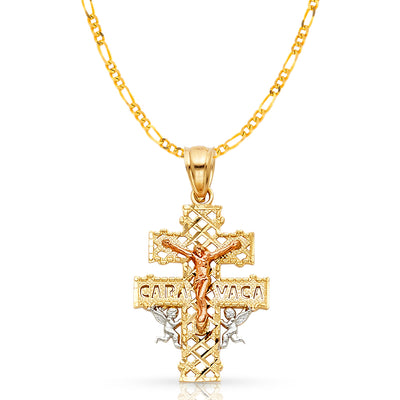 14K Gold Crucifix Cross of Caravaca Pendant with 2mm Figaro 3+1 Chain