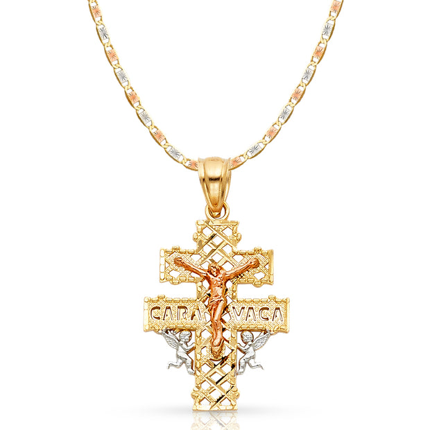 14K Gold Crucifix Cross of Caravaca Pendant with 2.1mm Valentino Chain