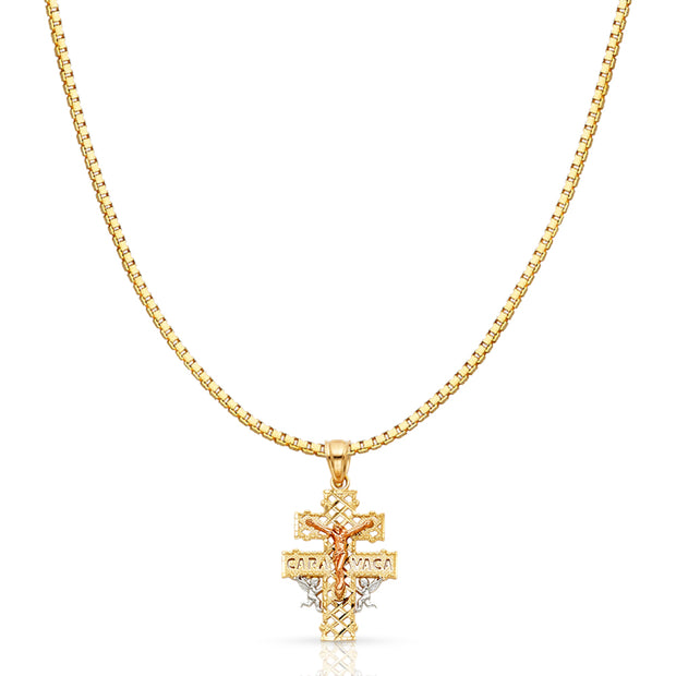 14K Gold Jesus Crucifix Cross of Caravaca Religious Charm Pendant with 1.2mm Box Chain Necklace