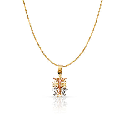 14K Gold Jesus Crucifix Cross of Caravaca Charm Pendant with 0.9mm Wheat Chain Necklace