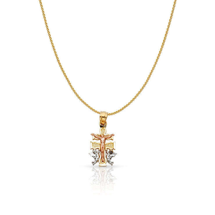 14K Gold Jesus Crucifix Cross of Caravaca Charm Pendant with 0.9mm Wheat Chain Necklace